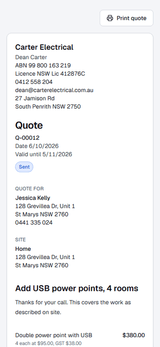 A quote as the customer sees it on their phone